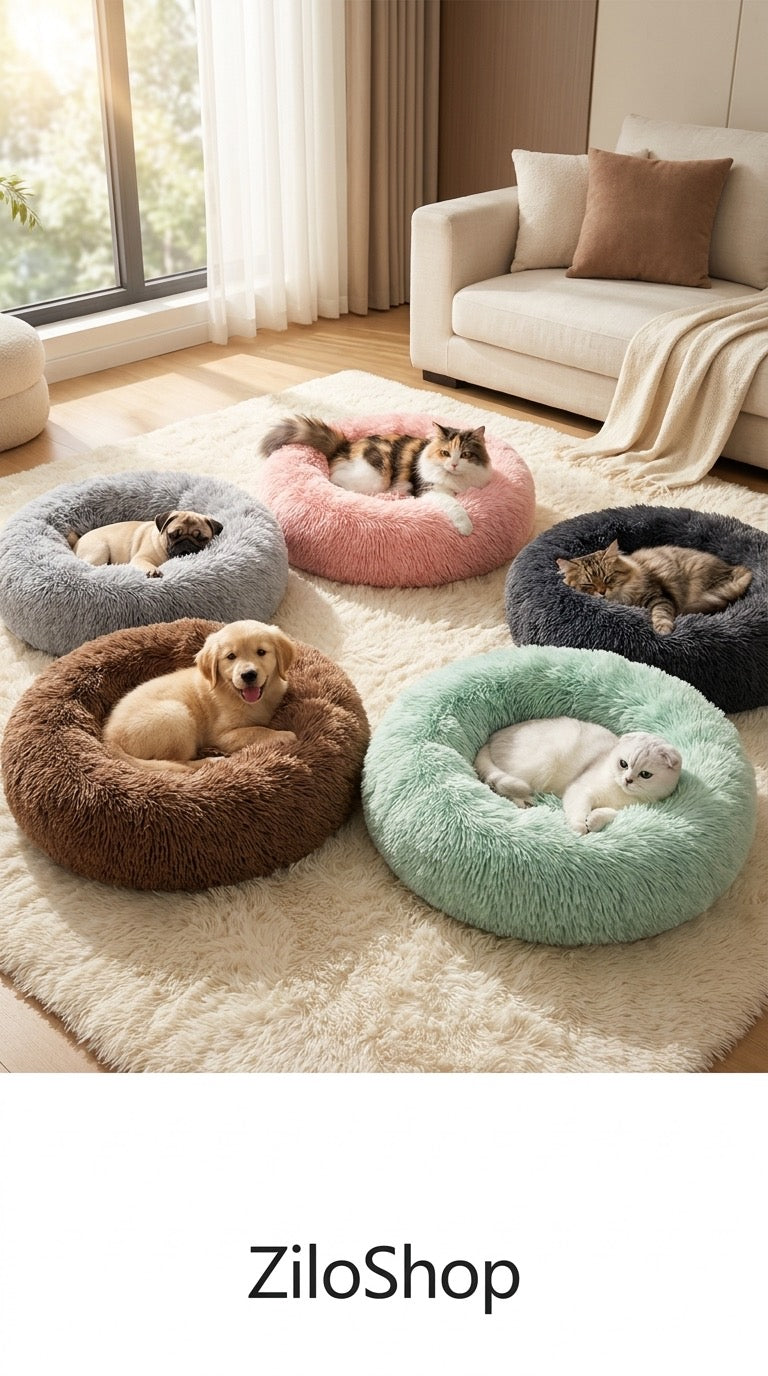 Calming Plush Donut Pet Bed – Ultra Soft Washable Round Bed for Dogs & Cats